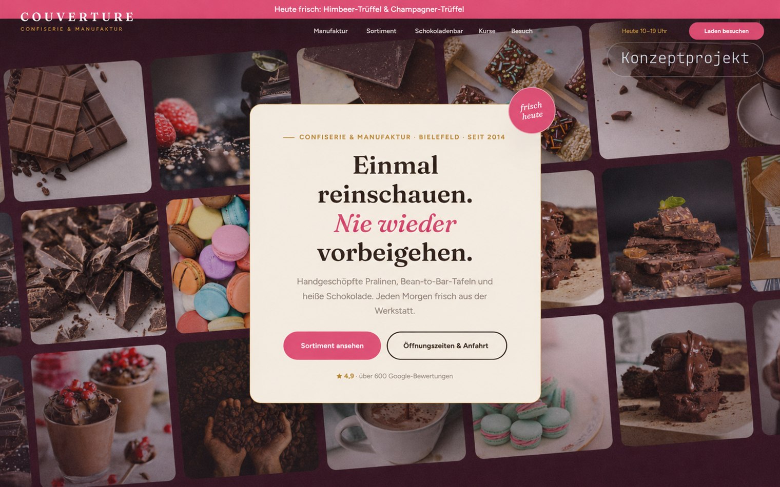 Konzeptprojekt: Startseite eines Ladengeschäfts mit Sortiment, Öffnungszeiten und Anfahrt