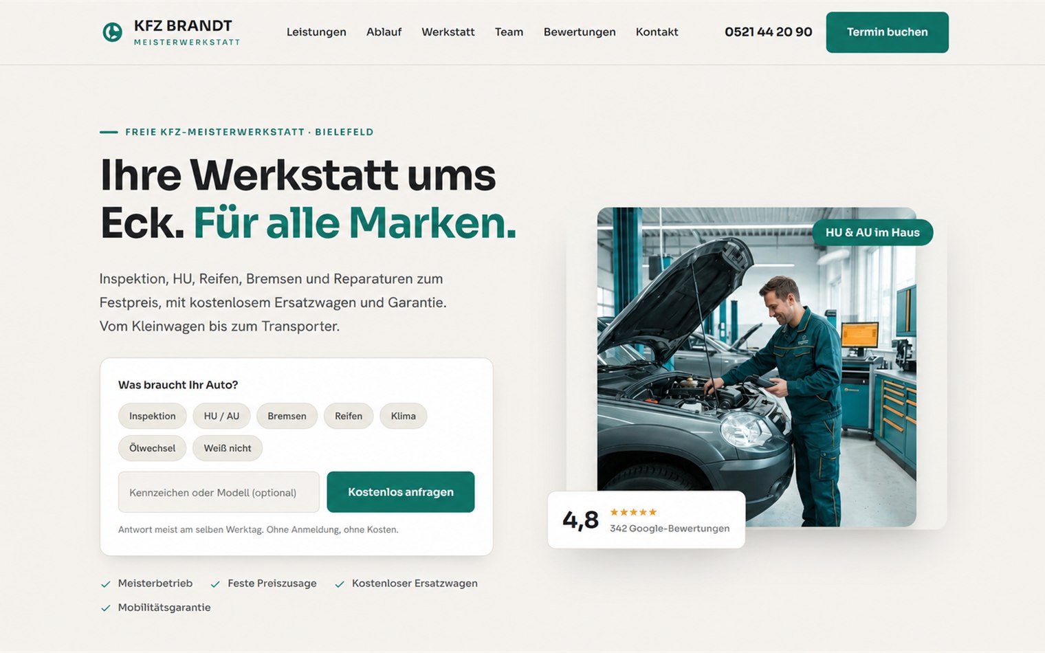 Konzeptprojekt: Startseite einer Kfz-Meisterwerkstatt mit Schnellanfrage und Bewertungskarte